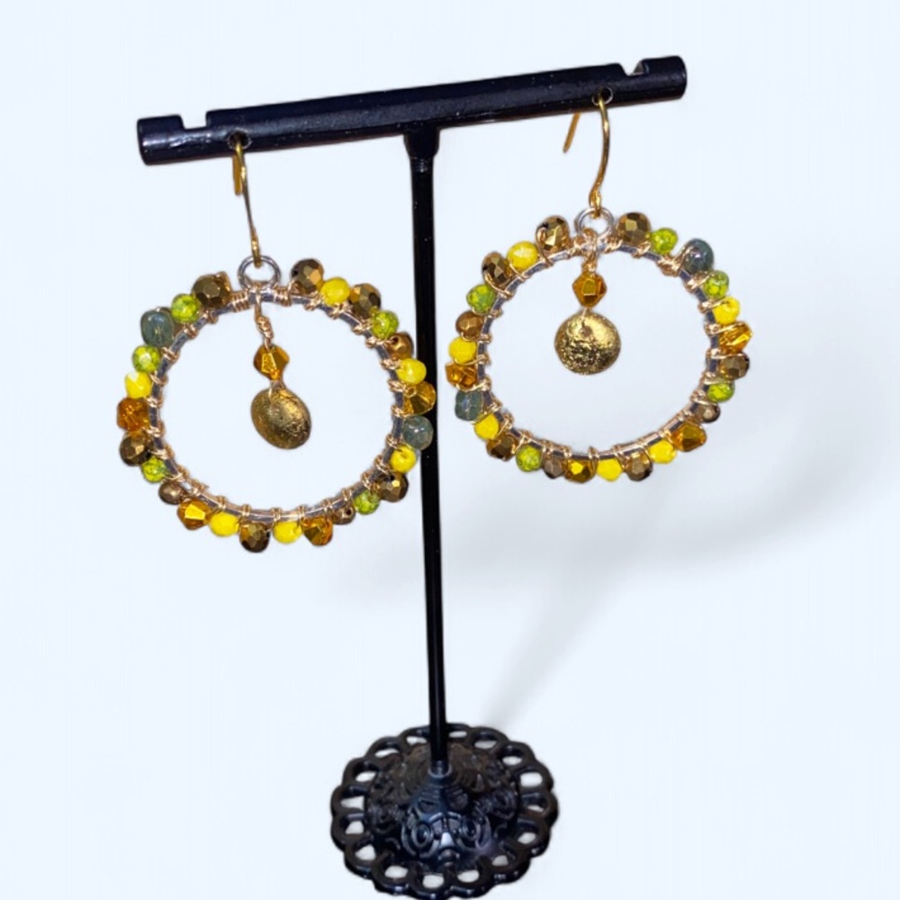 Vibrant Gold and Green wired wrapped Hoops Earrings